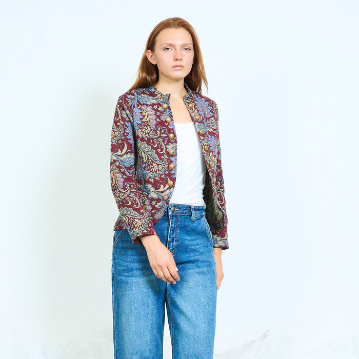 Paisley jacquard collarless coat with button fastening wholesale