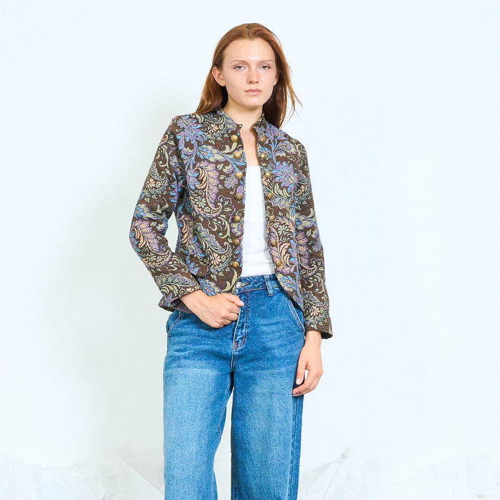 Paisley jacquard collarless coat with button fastening wholesale