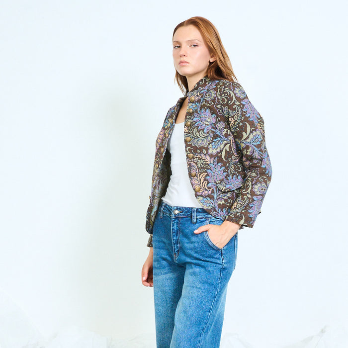 Paisley jacquard collarless coat with button fastening wholesale