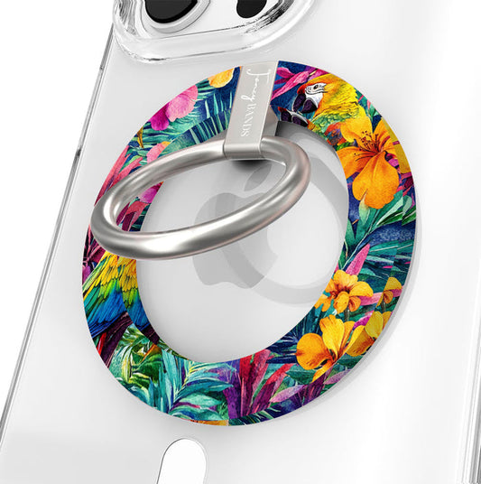 Parrot Paradise tropical pattern MagSafe phone grip ring with colorful parrots and hibiscus flowers compatible with iPhone and Samsung