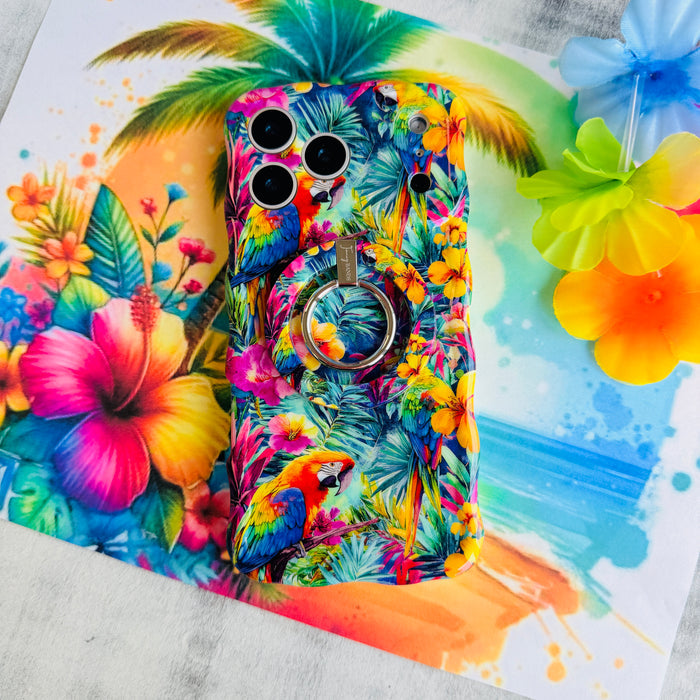Parrot Paradise tropical pattern MagSafe phone grip ring with colorful parrots and hibiscus flowers compatible with iPhone and Samsung