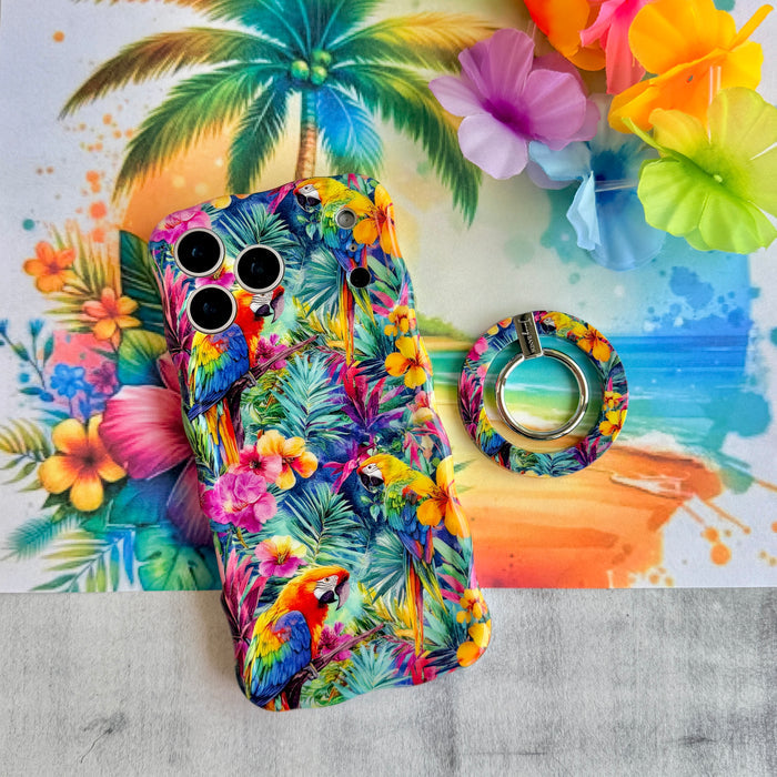 Parrot Paradise tropical pattern MagSafe phone grip ring with colorful parrots and hibiscus flowers compatible with iPhone and Samsung