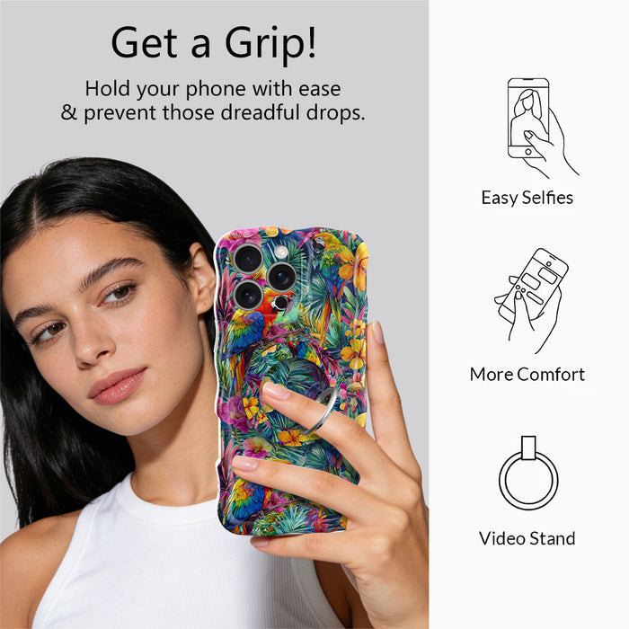 Parrot Paradise tropical pattern MagSafe phone grip ring with colorful parrots and hibiscus flowers compatible with iPhone and Samsung