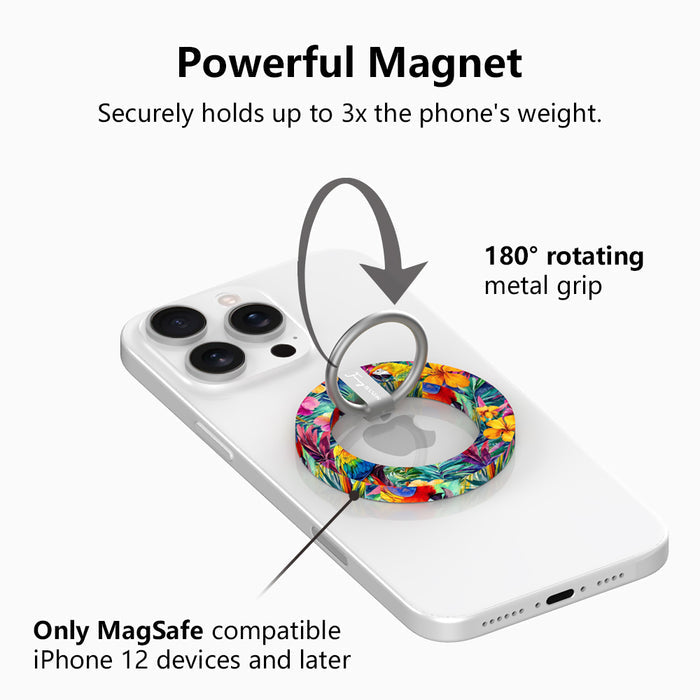 Parrot Paradise tropical pattern MagSafe phone grip ring with colorful parrots and hibiscus flowers compatible with iPhone and Samsung