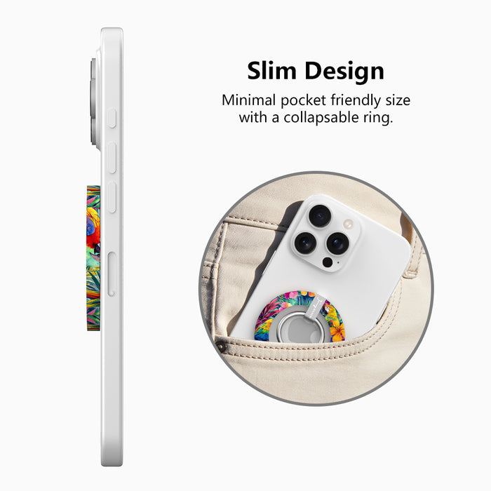 Parrot Paradise tropical pattern MagSafe phone grip ring with colorful parrots and hibiscus flowers compatible with iPhone and Samsung