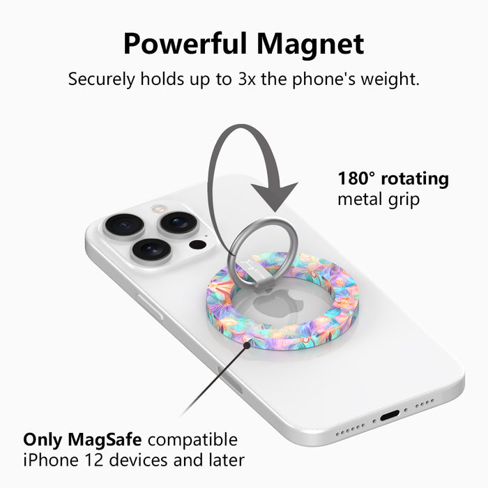Pastel Paradise iridescent floral MagSafe phone grip ring with glowing lavender blue and coral petals compatible with iPhone and Samsung
