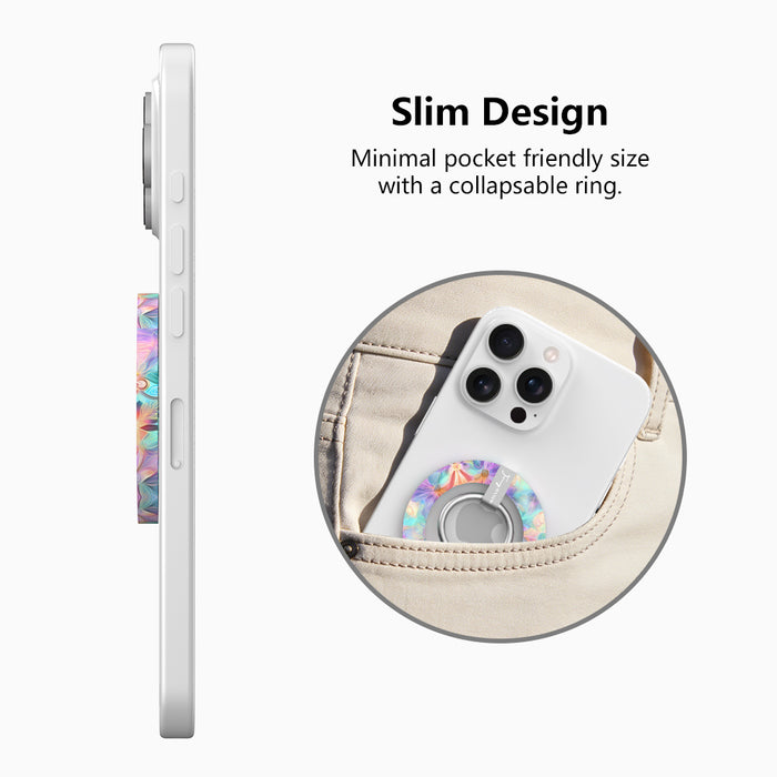 Pastel Paradise iridescent floral MagSafe phone grip ring with glowing lavender blue and coral petals compatible with iPhone and Samsung