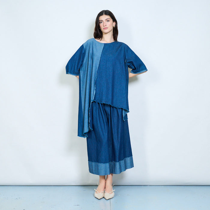 Patchwork denim effect oversized tunic top wholesale