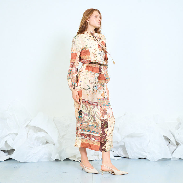 Patchwork-print midi dress with tie neckline wholesale