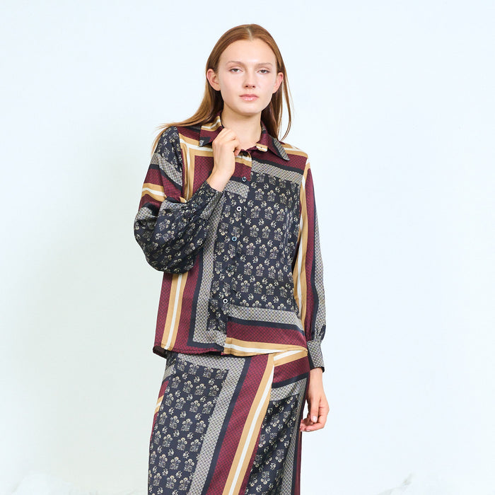 Patchwork-print shirt with balloon sleeves wholesale