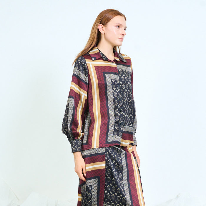 Patchwork-print shirt with balloon sleeves wholesale