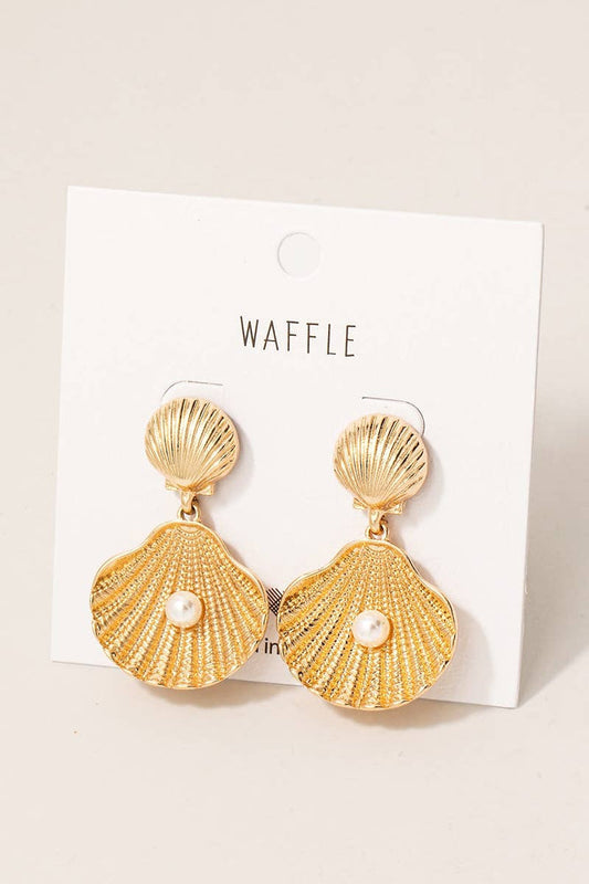 Pearl Stud Double Clam Dangle Earrings
