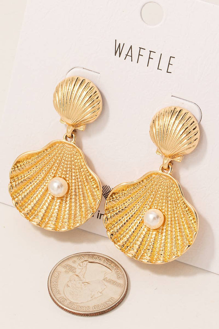 Pearl Stud Double Clam Dangle Earrings