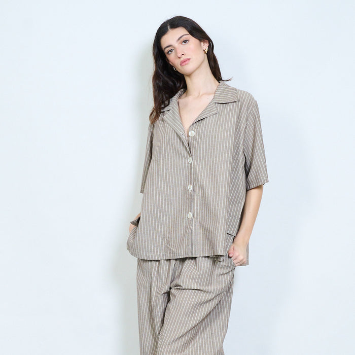 Pinstripe oversized button-up blouse wholesale