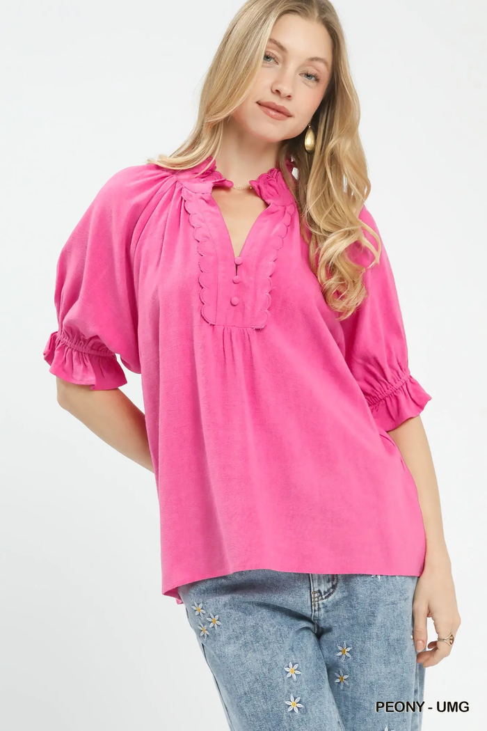 Pretty in Peony Linen Ruffle Blouse