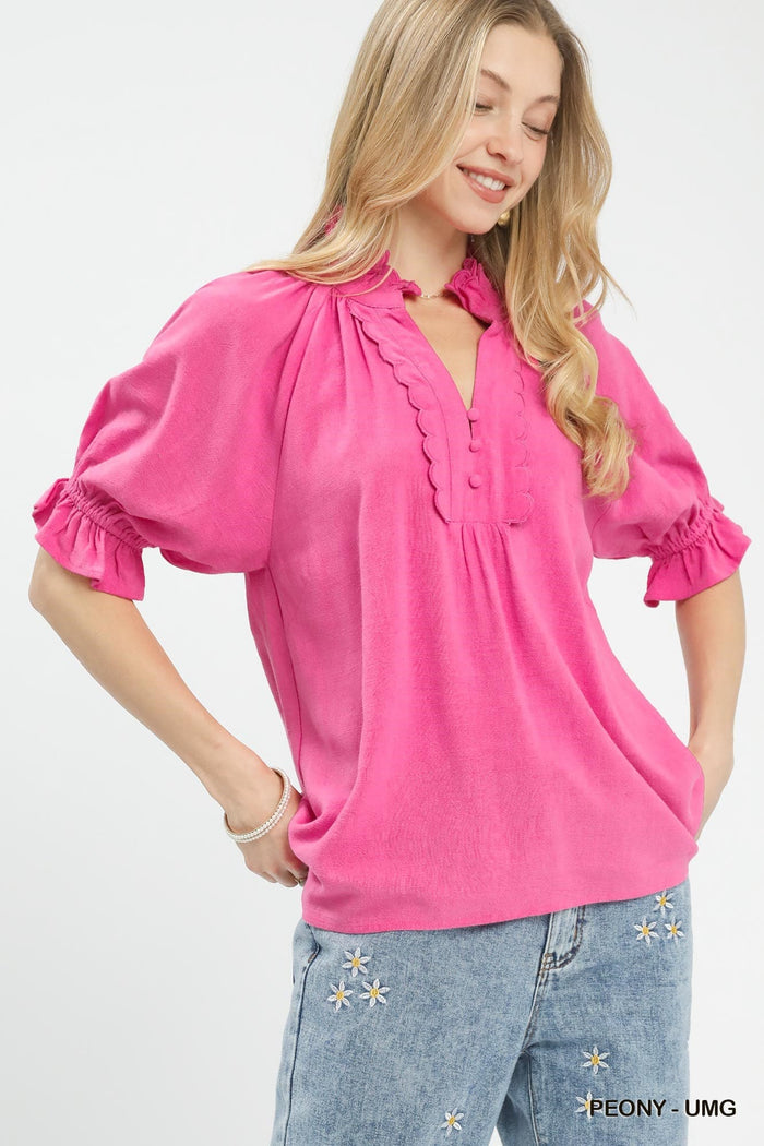Pretty in Peony Linen Ruffle Blouse