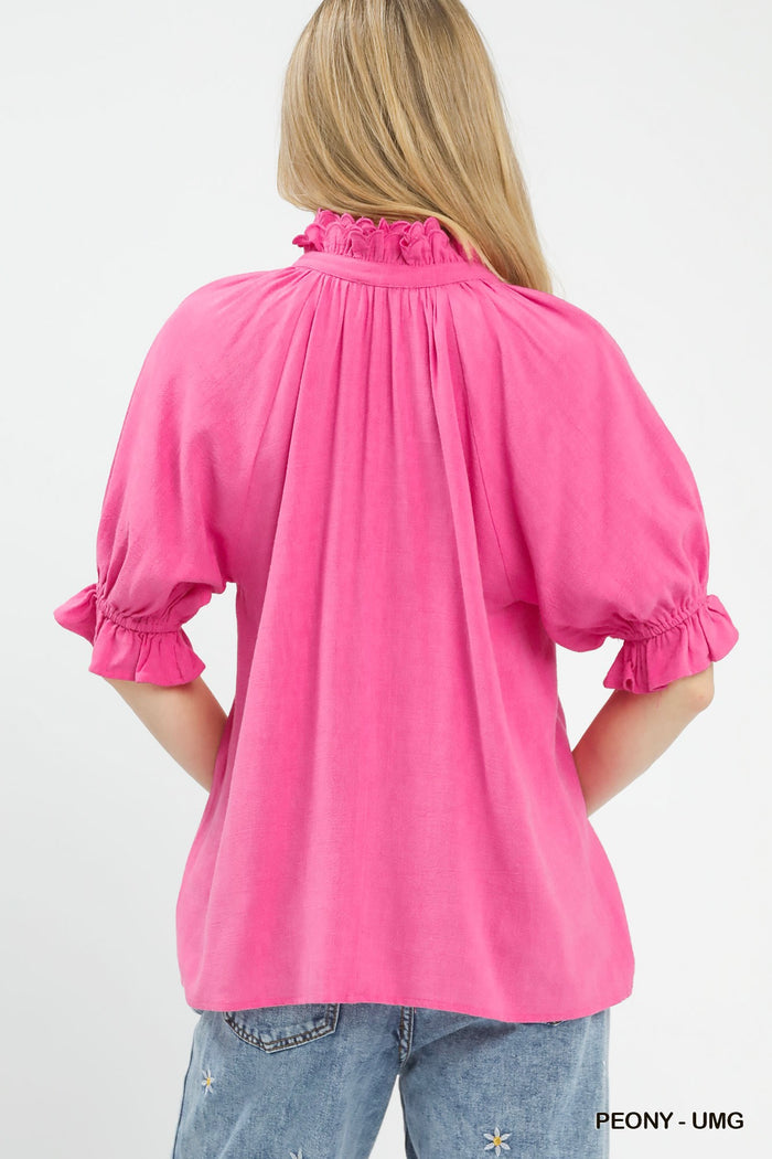 Pretty in Peony Linen Ruffle Blouse