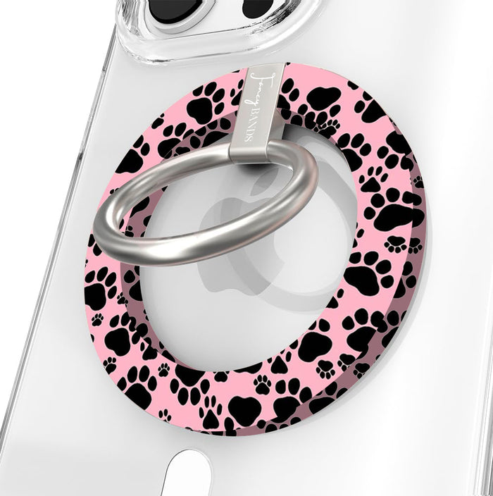 Pretty Little Paws pattern MagSafe phone grip ring with black paw prints on a pink background compatible with iPhone and Samsung