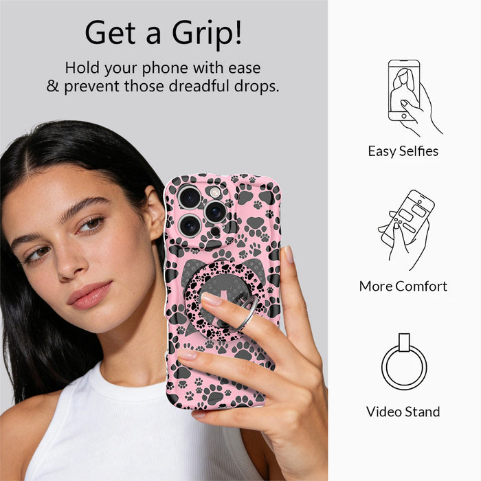 Pretty Little Paws pattern MagSafe phone grip ring with black paw prints on a pink background compatible with iPhone and Samsung