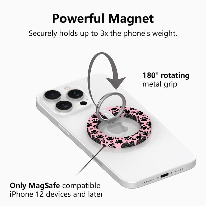 Pretty Little Paws pattern MagSafe phone grip ring with black paw prints on a pink background compatible with iPhone and Samsung