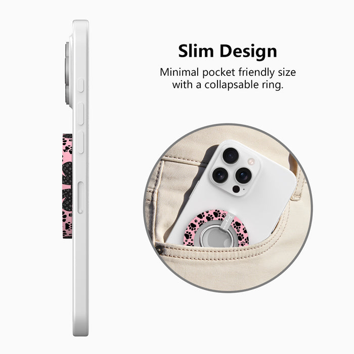 Pretty Little Paws pattern MagSafe phone grip ring with black paw prints on a pink background compatible with iPhone and Samsung