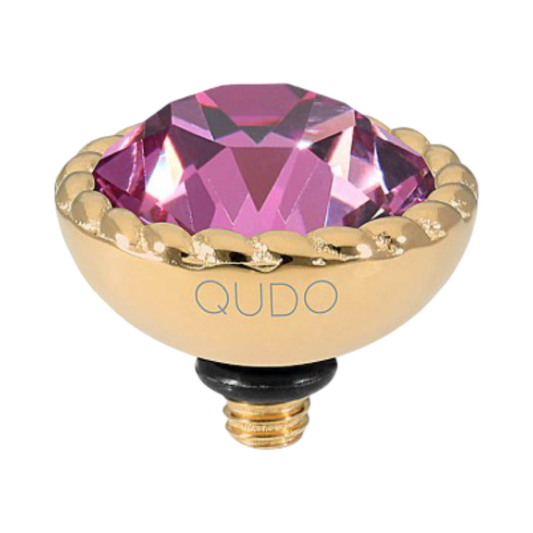 QUDO Bocconi 11mm interchangeable jewelry top featuring a Dark Rose Swarovski crystal set in polished gold stainless steel.