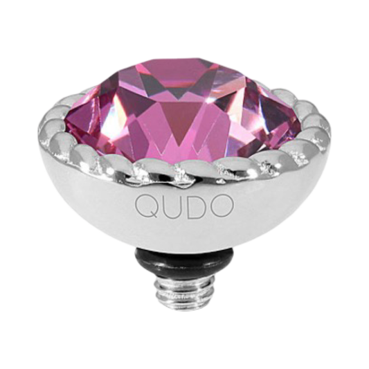 QUDO Bocconi 11mm interchangeable jewelry top featuring a Dark Rose Swarovski crystal set in polished silver stainless steel.