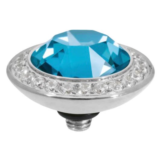 QUDO Tondo Deluxe interchangeable jewelry top featuring a Teal Ignite Swarovski crystal set in polished silver stainless steel.