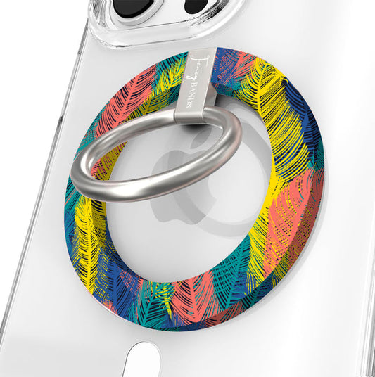 Rainbow Feather Muse pattern MagSafe phone grip ring with vibrant overlapping yellow coral and navy feathers compatible with iPhone and Samsung