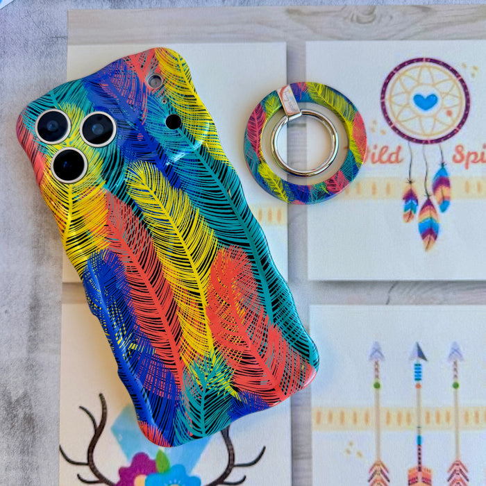 Rainbow Feather Muse pattern MagSafe phone grip ring with vibrant overlapping yellow coral and navy feathers compatible with iPhone and Samsung