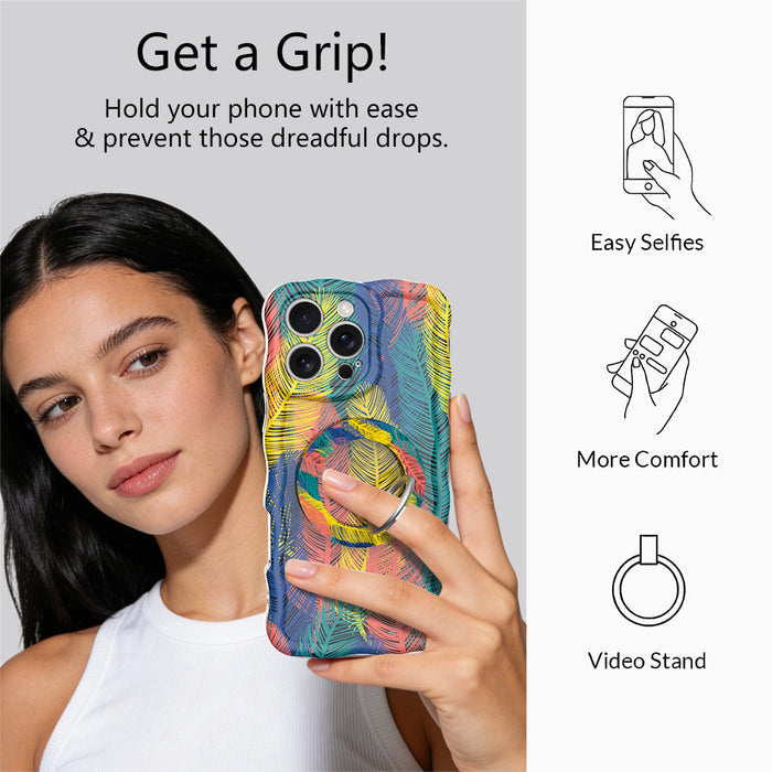 Rainbow Feather Muse pattern MagSafe phone grip ring with vibrant overlapping yellow coral and navy feathers compatible with iPhone and Samsung