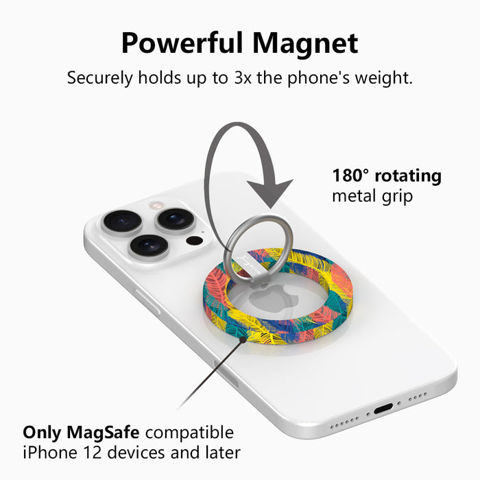 Rainbow Feather Muse pattern MagSafe phone grip ring with vibrant overlapping yellow coral and navy feathers compatible with iPhone and Samsung