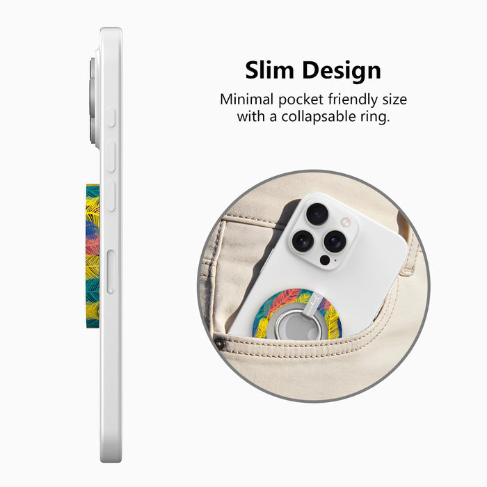 Rainbow Feather Muse pattern MagSafe phone grip ring with vibrant overlapping yellow coral and navy feathers compatible with iPhone and Samsung