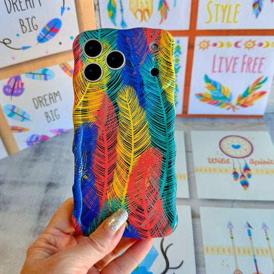 Trendy wavy iPhone case featuring a vibrant layered feather pattern in teal, orange, yellow, and blue with a high-gloss finish.