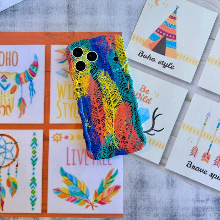 Trendy wavy iPhone case featuring a vibrant layered feather pattern in teal, orange, yellow, and blue with a high-gloss finish.