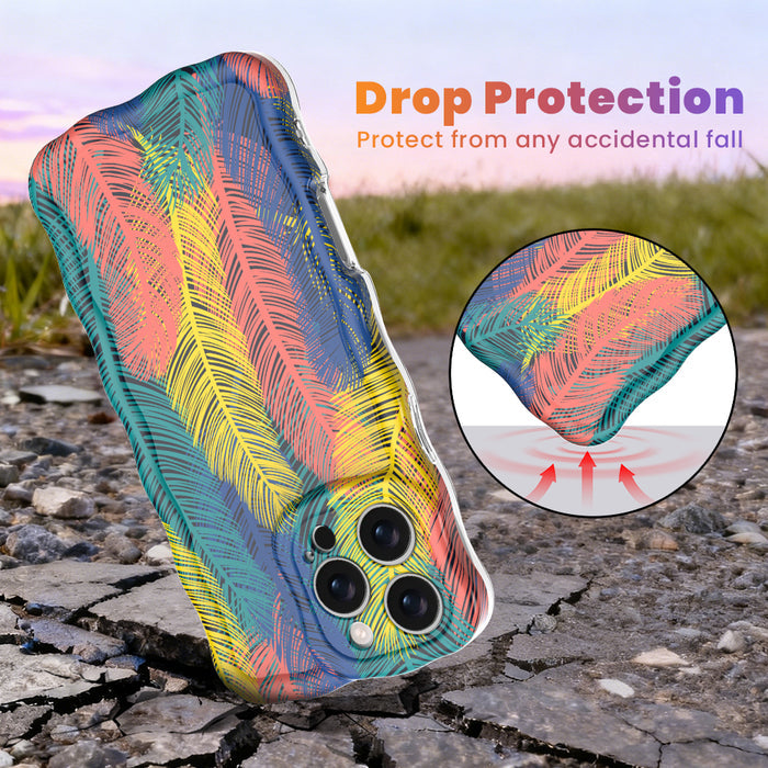 Trendy wavy iPhone case featuring a vibrant layered feather pattern in teal, orange, yellow, and blue with a high-gloss finish.