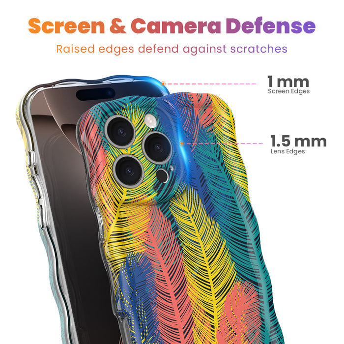 Trendy wavy iPhone case featuring a vibrant layered feather pattern in teal, orange, yellow, and blue with a high-gloss finish.