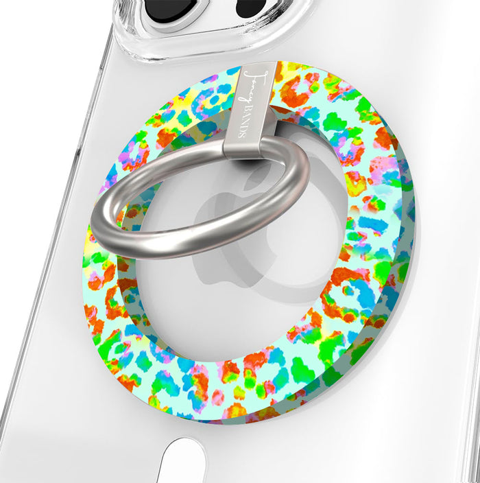 Rainbow Roar Leopard MagSafe phone grip ring with neon multi-colored animal print spots on a mint background compatible with iPhone and Samsung