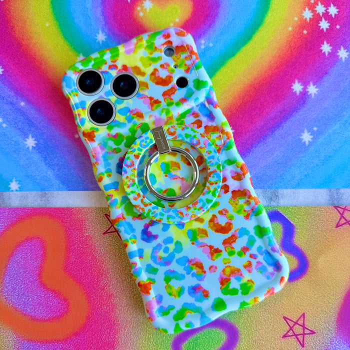 Rainbow Roar Leopard MagSafe phone grip ring with neon multi-colored animal print spots on a mint background compatible with iPhone and Samsung