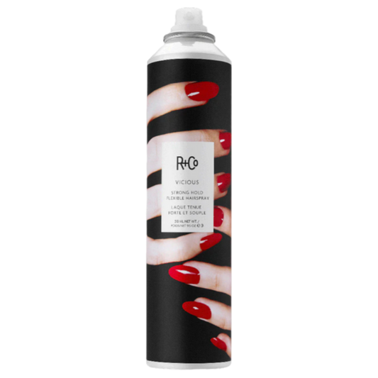 R+Co VICIOUS hairspray, strong hold flexible hair spray, brushable finishing spray, flake-free hair spray, all-night style hold, re-style hairspray, long-lasting hairspray with movement, high hold styling spray, R+Co finishing mist, firm hold hairspray without crunch