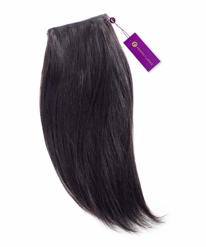 A bundle of Perfect Locks Relaxed Straight Steam Permed Machine Weft hair extensions in Natural Black  with a purple tag, on white.