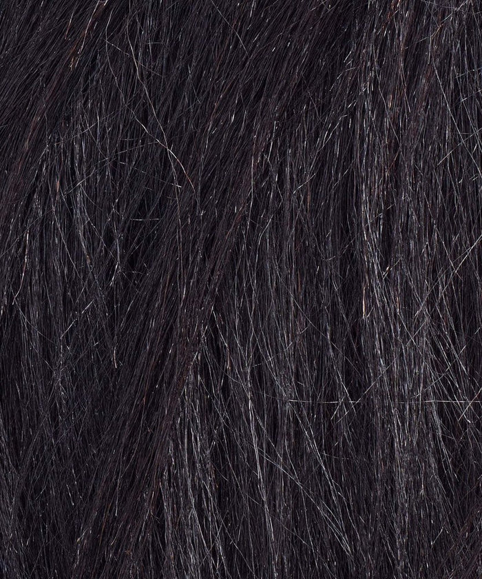 Close-up of dark brown or black hair with gray strands highlights natural texture—perfect for blending with Relaxed Straight extensions.