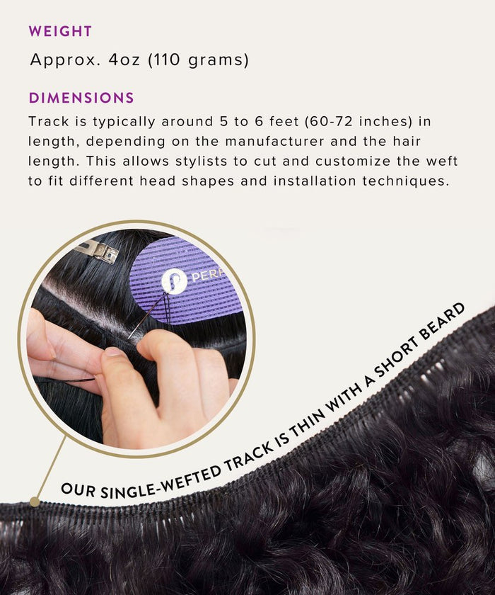 A hand displays Perfect Locks Relaxed Straight Steam Permed Machine Weft, with a thin single-weft track and a purple comb. Text highlights hair’s length, weight, and ultra-thin machine weft.
