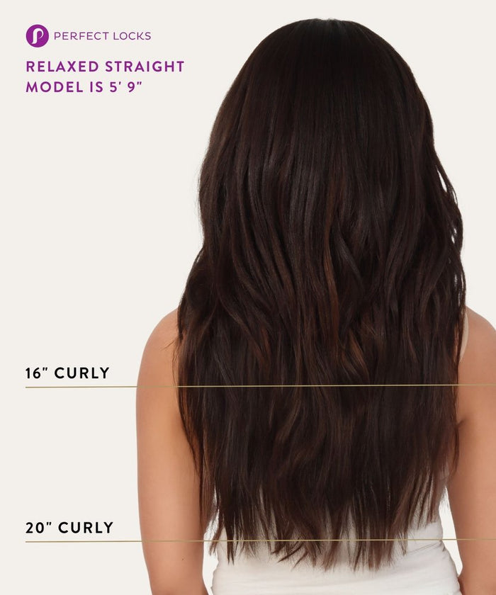 A woman with long, dark, wavy hair is shown from the back modeling hair extensions; lines mark 16" and 20" lengths. Model is 5'9".