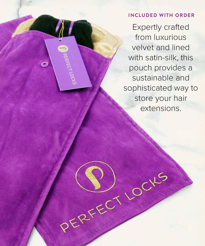 Store your Relaxed Straight Steam Permed Machine Weft in a purple velvet pouch with gold logo and beige satin-silk lining.