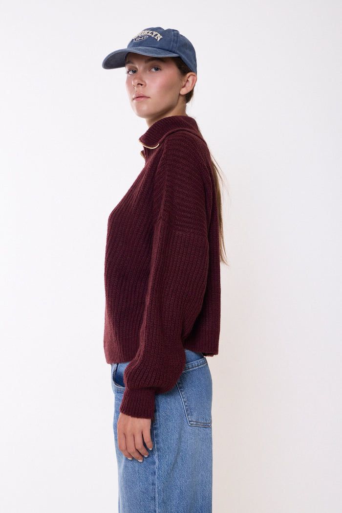 Ribbed funnel-neck quarter-zip knit sweater wholesale