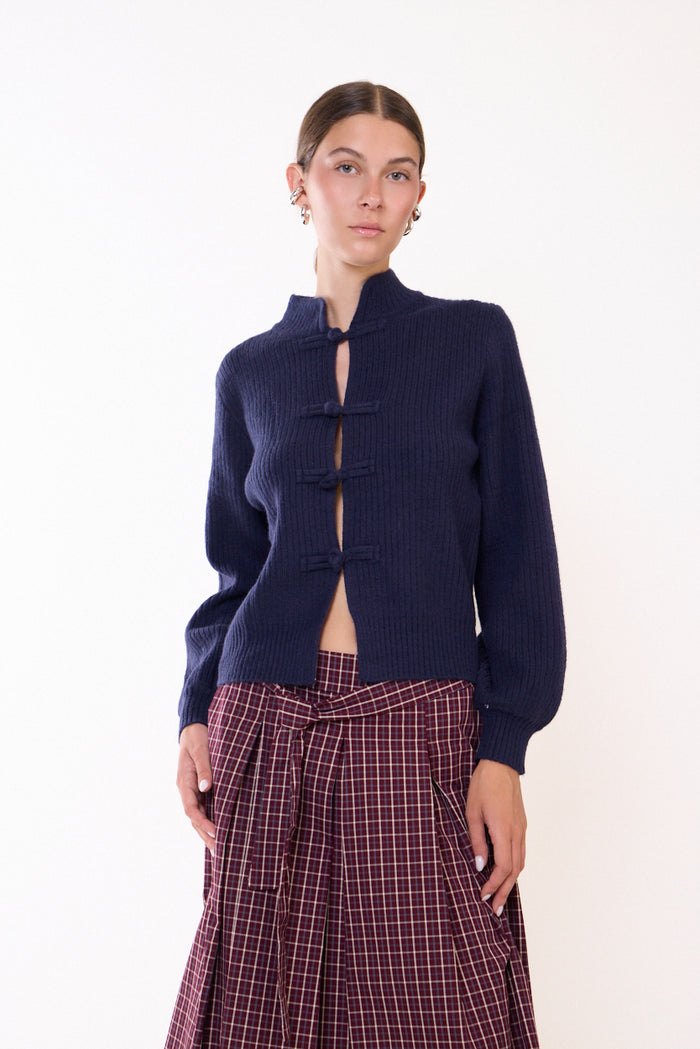 Ribbed mandarin-collar toggle cardigan wholesale