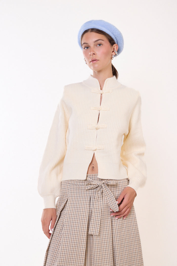 Ribbed mandarin-collar toggle cardigan wholesale
