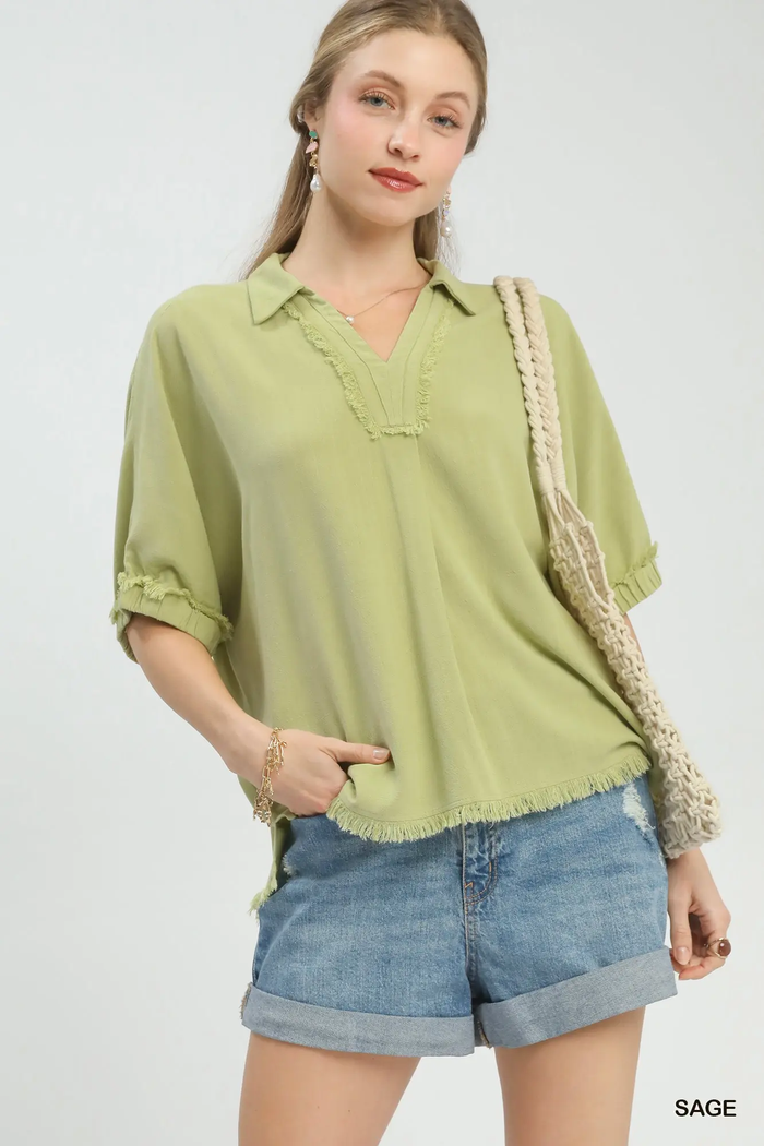 Sage Green Frayed Edge Linen Top