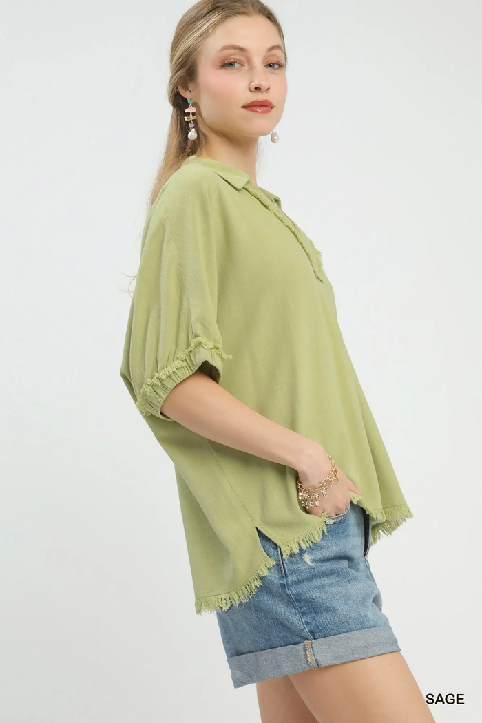 Sage Green Frayed Edge Linen Top